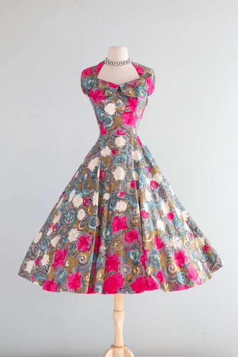 Spectacular 1950's Claudia Young Polished Cotton Floral Party Dress / SM