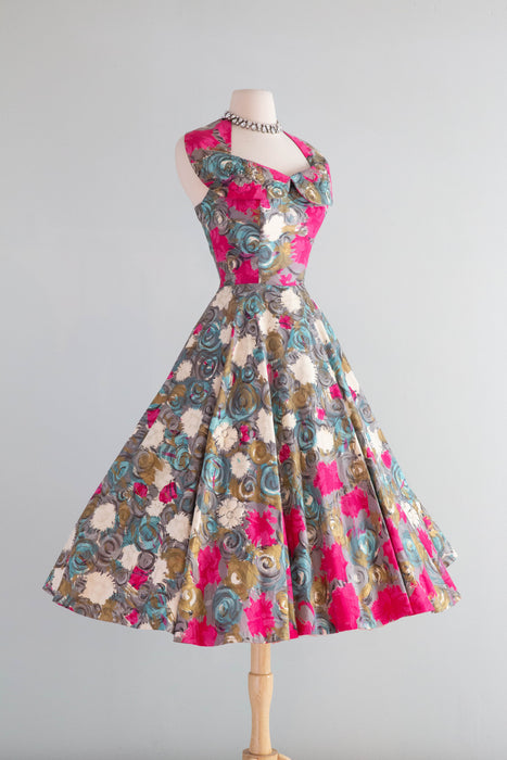 Spectacular 1950's Claudia Young Polished Cotton Floral Party Dress / SM