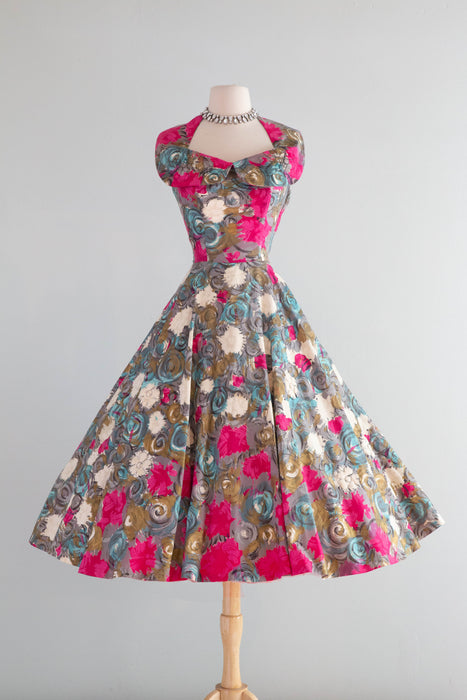 Spectacular 1950's Claudia Young Polished Cotton Floral Party Dress / SM