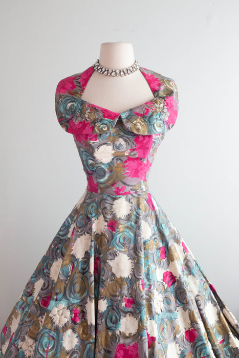 Spectacular 1950's Claudia Young Polished Cotton Floral Party Dress / SM