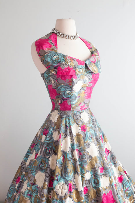 Spectacular 1950's Claudia Young Polished Cotton Floral Party Dress / SM