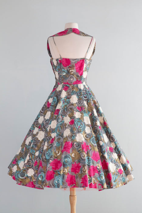 Spectacular 1950's Claudia Young Polished Cotton Floral Party Dress / SM