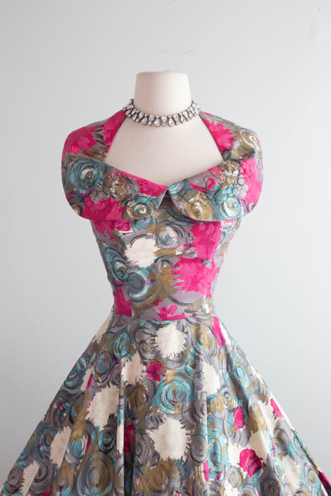 Spectacular 1950's Claudia Young Polished Cotton Floral Party Dress / SM