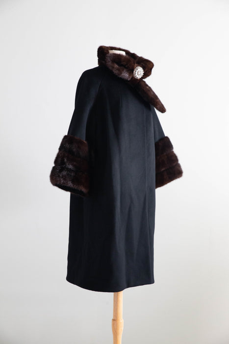 Gorgeous Late 1950's Blin & Blin Wool Cocoon Coat With Mink Trim / ML