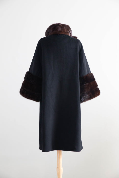 Gorgeous Late 1950's Blin & Blin Wool Cocoon Coat With Mink Trim / ML