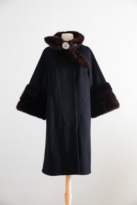 Gorgeous Late 1950's Blin & Blin Wool Cocoon Coat With Mink Trim / ML