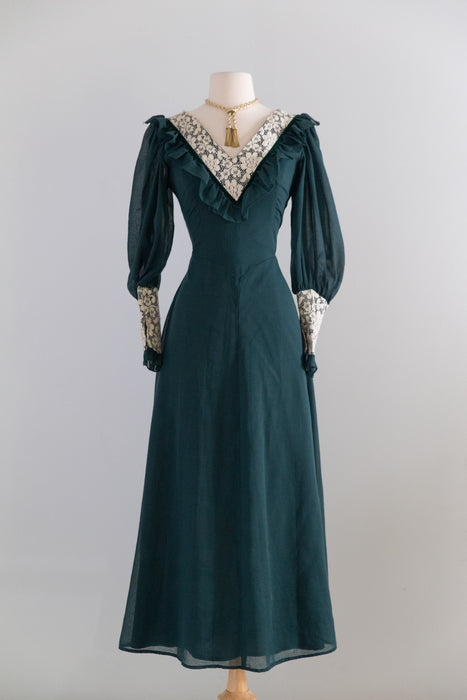 Romantic 1970's Emerald Green Maxi Dress, Made In England / M