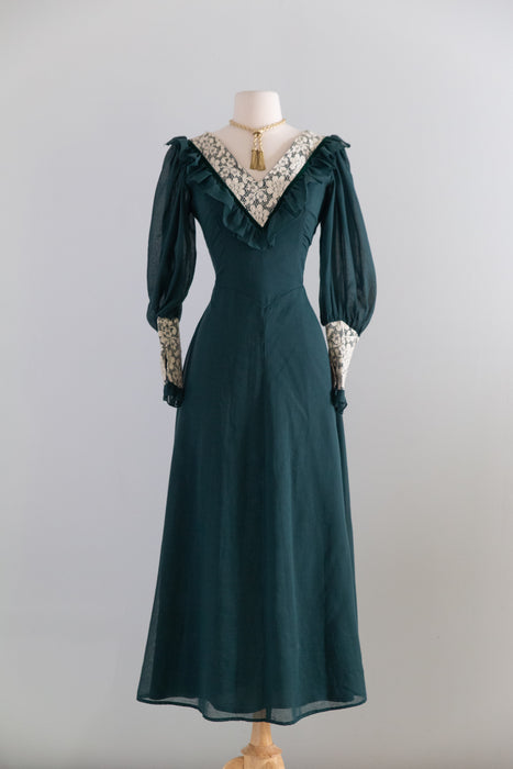 Romantic 1970's Emerald Green Maxi Dress, Made In England / M