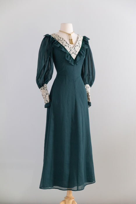 Romantic 1970's Emerald Green Maxi Dress, Made In England / M