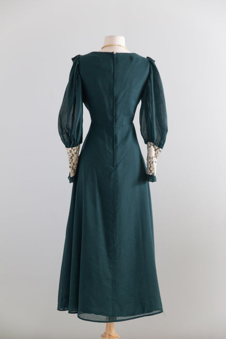 Romantic 1970's Emerald Green Maxi Dress, Made In England / M