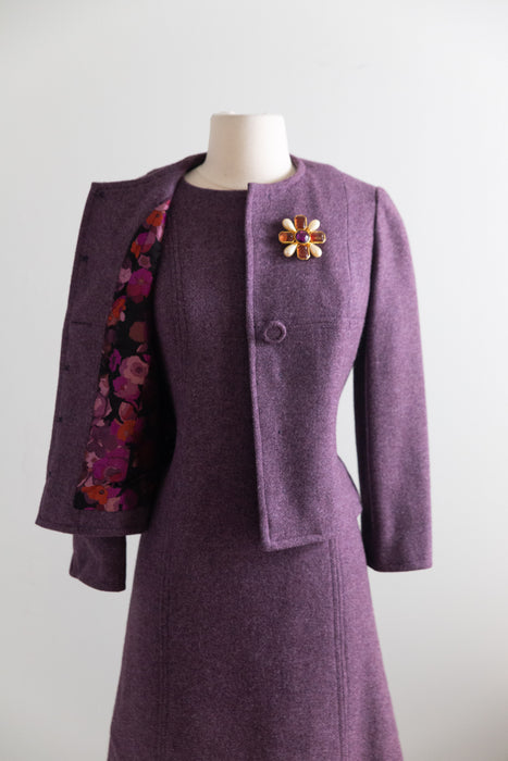Fabulous 1960's Purple Wool Tweed Dress and Jacket Set With Floral Brocade Lining / M