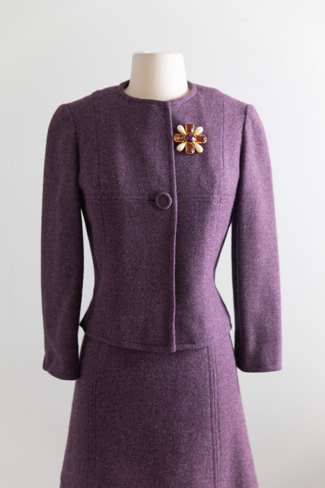 Fabulous 1960's Purple Wool Tweed Dress and Jacket Set With Floral Brocade Lining / M