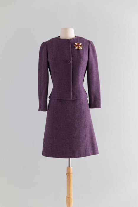 Fabulous 1960's Purple Wool Tweed Dress and Jacket Set With Floral Brocade Lining / M