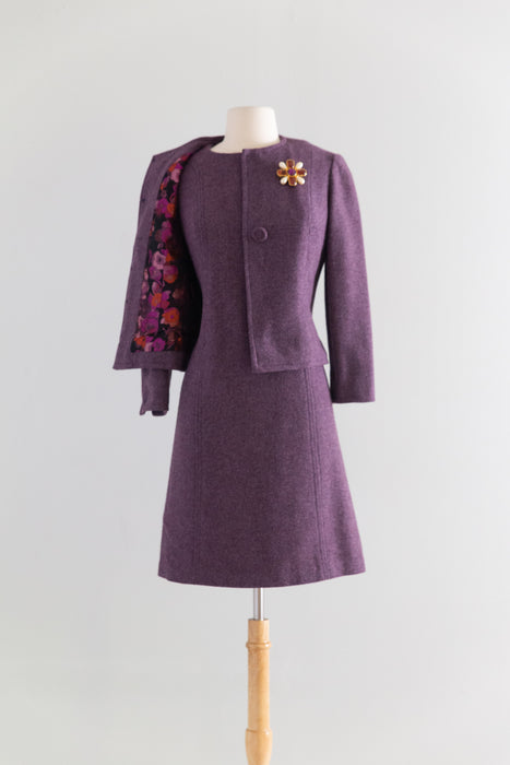 Fabulous 1960's Purple Wool Tweed Dress and Jacket Set With Floral Brocade Lining / M