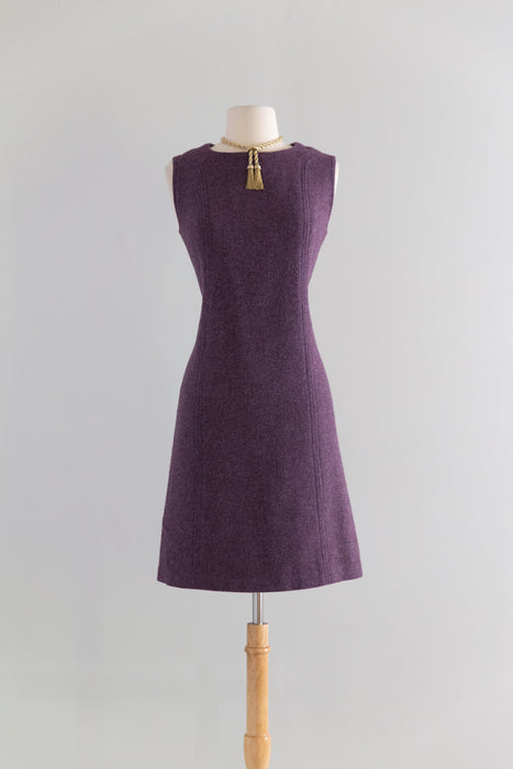 Fabulous 1960's Purple Wool Tweed Dress and Jacket Set With Floral Brocade Lining / M