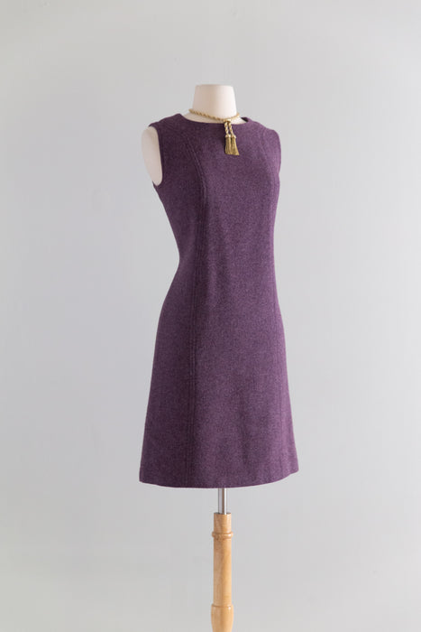 Fabulous 1960's Purple Wool Tweed Dress and Jacket Set With Floral Brocade Lining / M