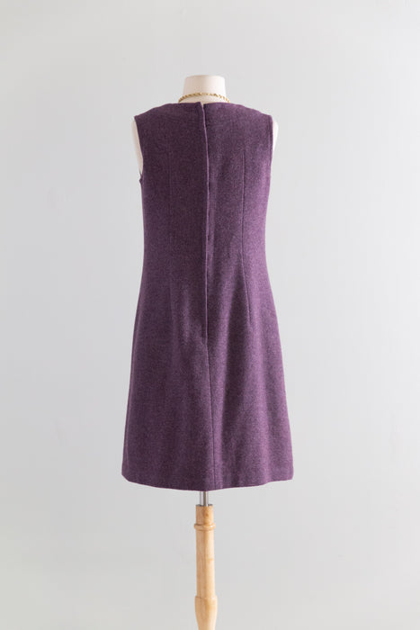 Fabulous 1960's Purple Wool Tweed Dress and Jacket Set With Floral Brocade Lining / M