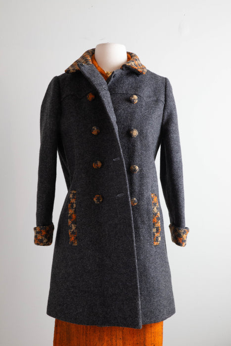 Fall Classic 1960's Charcoal Wool Pea Coat With Pumpkin Houndstooth Trim / Small