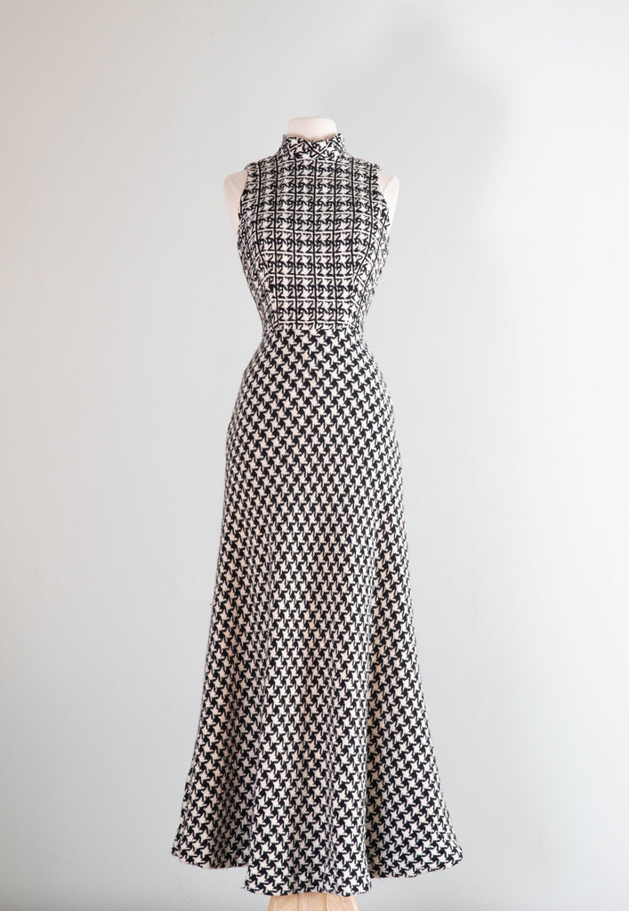 Fantastic 1960's Mod Wool Houndstooth Maxi Dress With Rhinestones