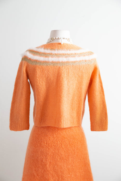 Charming 1950s Hand-Knit Angora and Lurex Twin Set In Pumpkin Spice / M