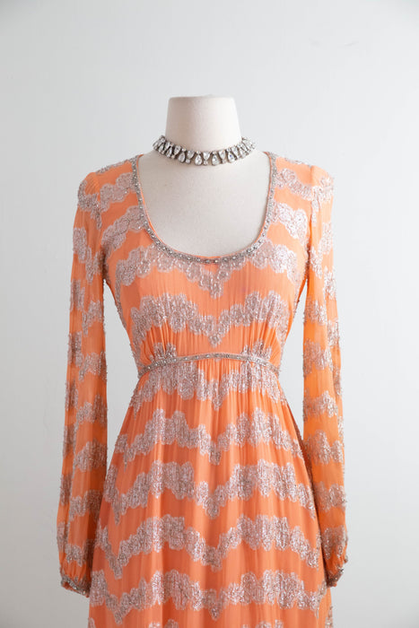 Fabulous 1960's Beaded Chiffon Evening Gown In Pumpkin Bisque / Small