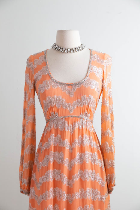 Fabulous 1960's Beaded Chiffon Evening Gown In Pumpkin Bisque / Small