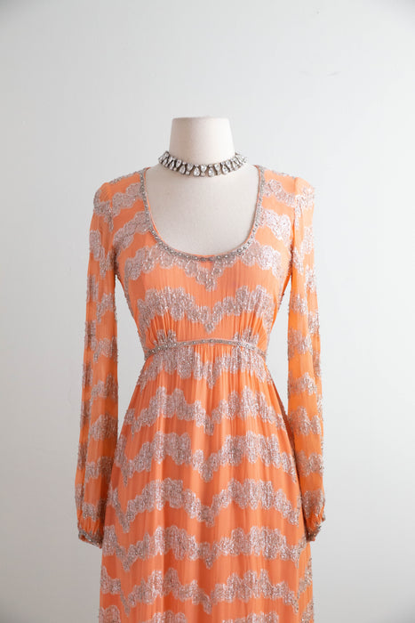 Fabulous 1960's Beaded Chiffon Evening Gown In Pumpkin Bisque / Small