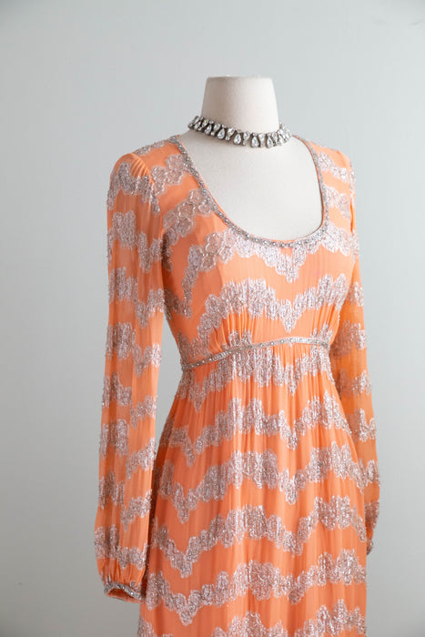 Fabulous 1960's Beaded Chiffon Evening Gown In Pumpkin Bisque / Small