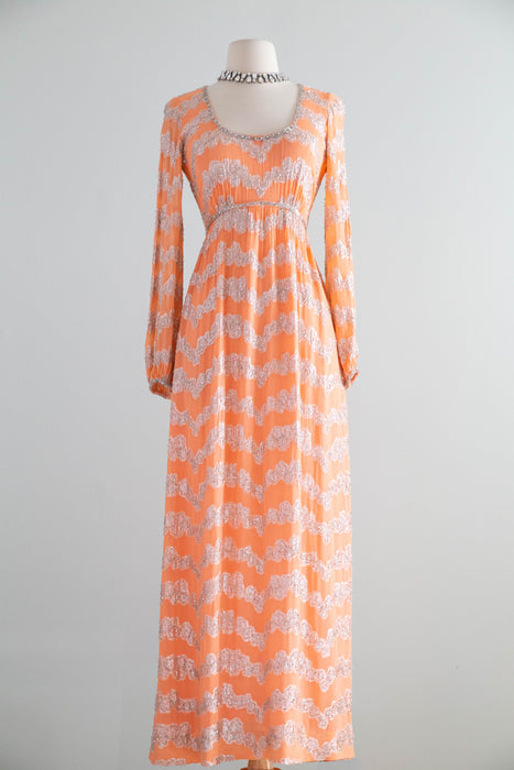 Fabulous 1960's Beaded Chiffon Evening Gown In Pumpkin Bisque / Small