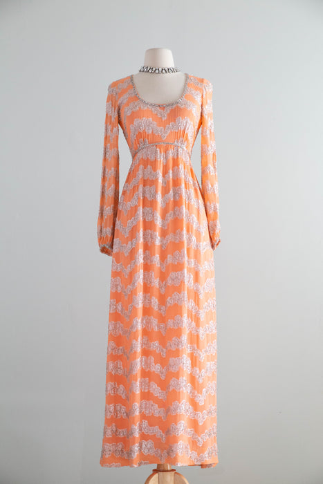 Fabulous 1960's Beaded Chiffon Evening Gown In Pumpkin Bisque / Small