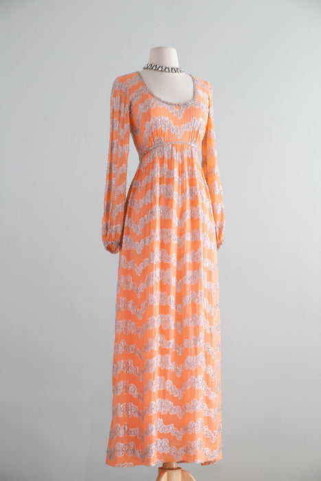 Fabulous 1960's Beaded Chiffon Evening Gown In Pumpkin Bisque / Small