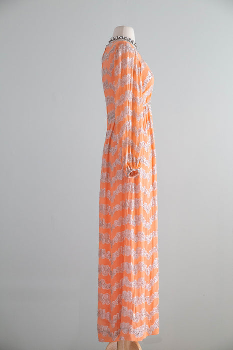 Fabulous 1960's Beaded Chiffon Evening Gown In Pumpkin Bisque / Small