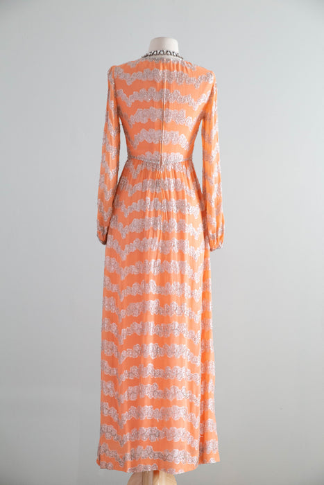 Fabulous 1960's Beaded Chiffon Evening Gown In Pumpkin Bisque / Small