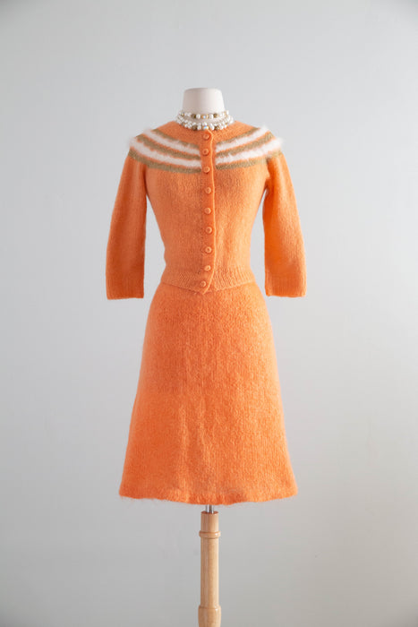 Charming 1950s Hand-Knit Angora and Lurex Twin Set In Pumpkin Spice / M