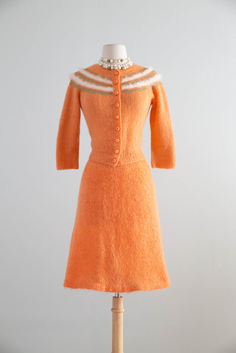 Charming 1950s Hand-Knit Angora and Lurex Twin Set In Pumpkin Spice M