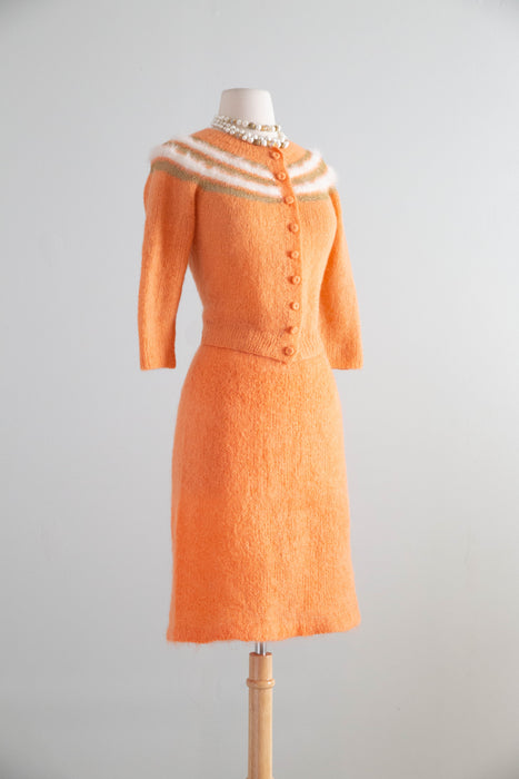Charming 1950s Hand-Knit Angora and Lurex Twin Set In Pumpkin Spice / M