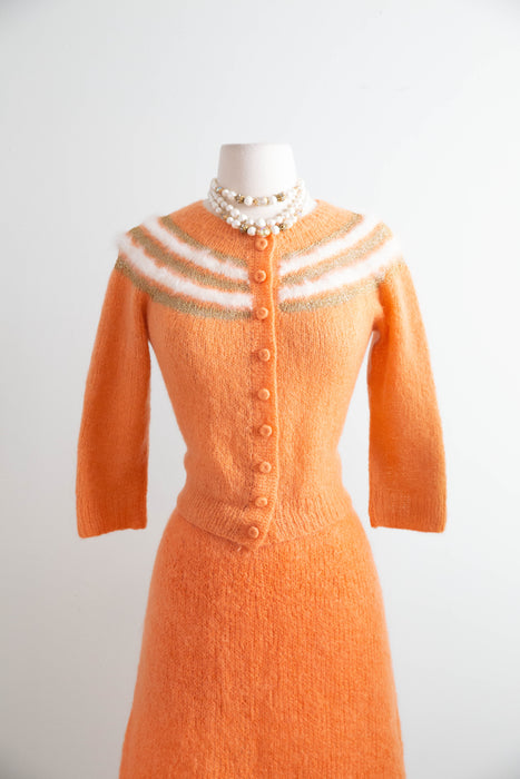 Charming 1950s Hand-Knit Angora and Lurex Twin Set In Pumpkin Spice / M