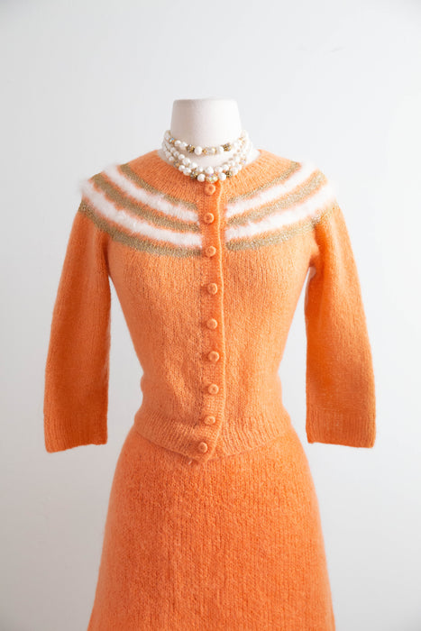 Charming 1950s Hand-Knit Angora and Lurex Twin Set In Pumpkin Spice / M