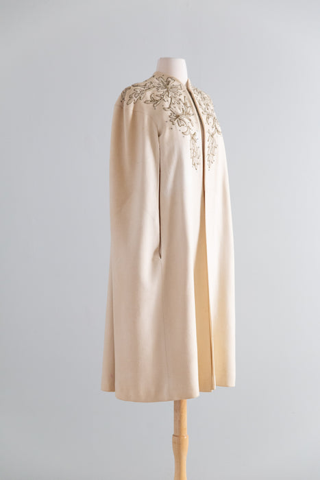 Exquisite 1940's Ivory Wool Evening Cape With Gold Embroidery / SM