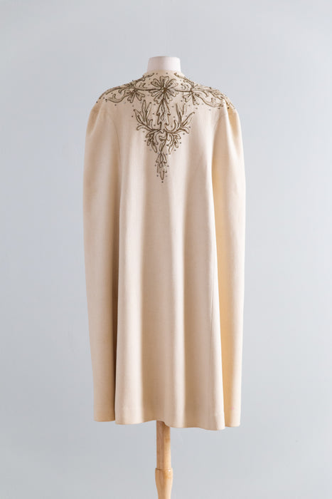 Exquisite 1940's Ivory Wool Evening Cape With Gold Embroidery / SM