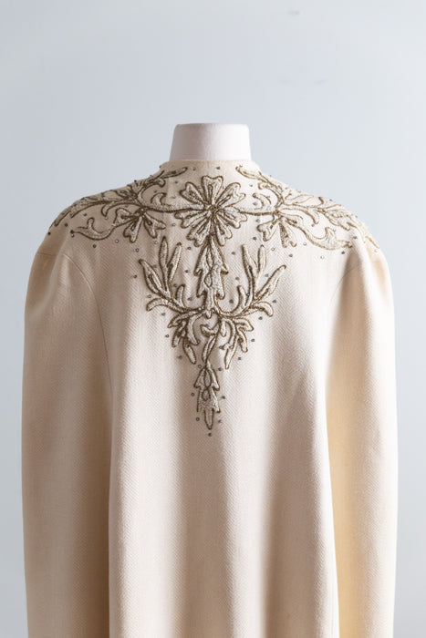 Exquisite 1940's Ivory Wool Evening Cape With Gold Embroidery / SM