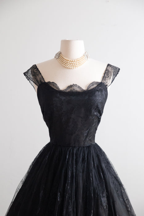 Sublime 1950's Peggy Hunt Black Chantilly Lace Cocktail Dress / Small
