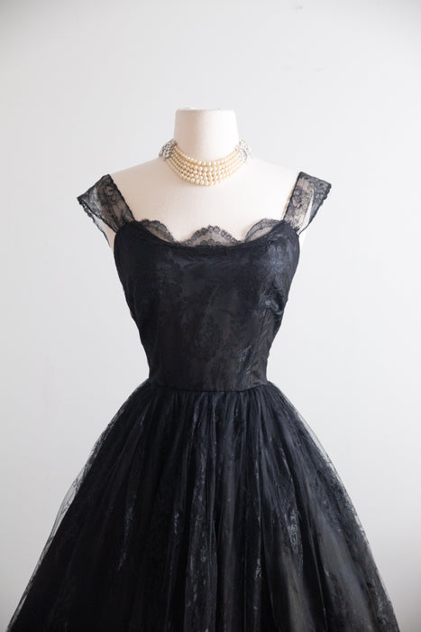 Sublime 1950's Peggy Hunt Black Chantilly Lace Cocktail Dress / Small