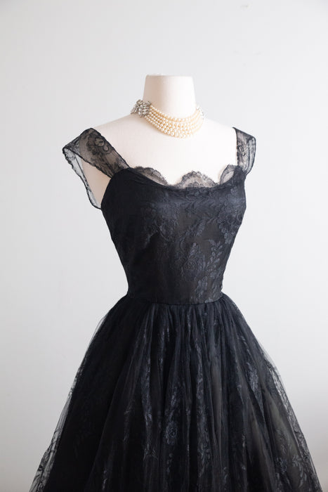 Sublime 1950's Peggy Hunt Black Chantilly Lace Cocktail Dress / Small