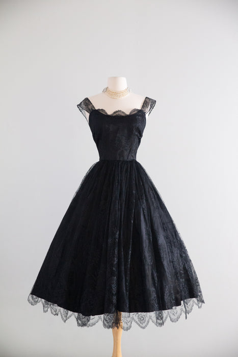 Sublime 1950's Peggy Hunt Black Chantilly Lace Cocktail Dress / Small