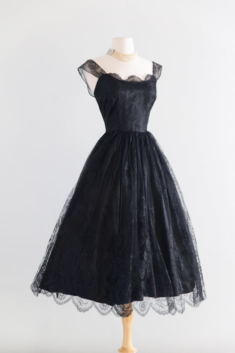 Sublime 1950's Peggy Hunt Black Chantilly Lace Cocktail Dress / Small