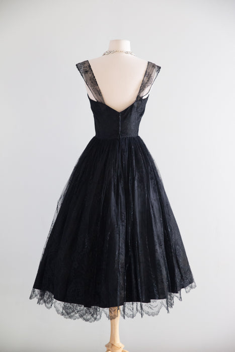 Sublime 1950's Peggy Hunt Black Chantilly Lace Cocktail Dress / Small