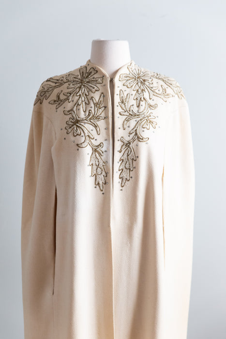 Exquisite 1940's Ivory Wool Evening Cape With Gold Embroidery / SM