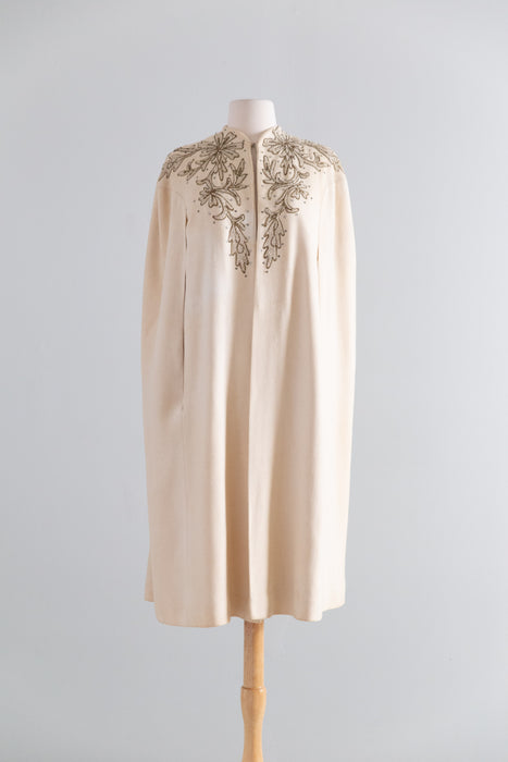 Exquisite 1940's Ivory Wool Evening Cape With Gold Embroidery / SM