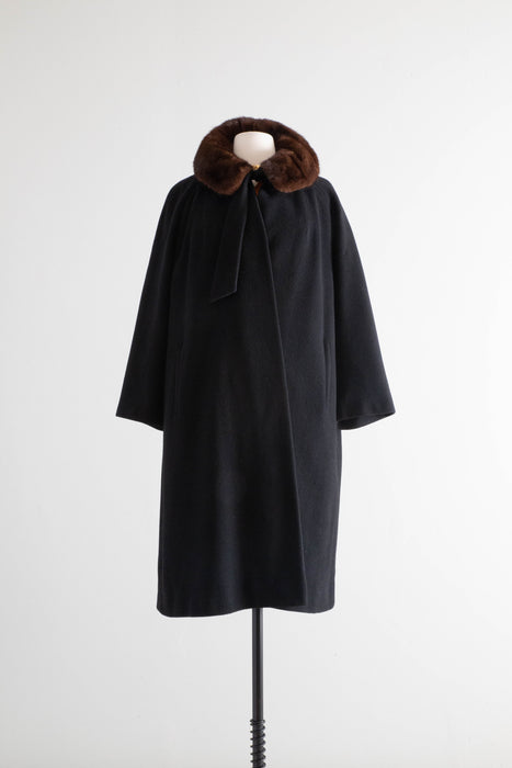 Gorgeous Late 1950's Black Cashmere Cocoon Coat With Mink Collar / ML